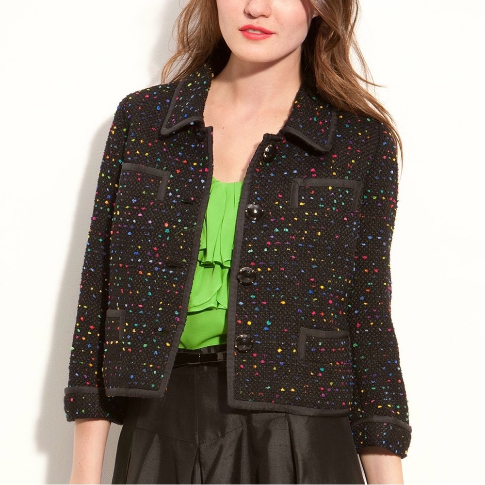 KATE SPADE Addie Black Rainbow Speckled Tweed Jacket Wool Blend Women's Size 2